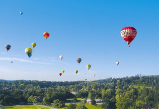 Globos aerostáticos de colores flotan sobre colinas y árboles verdes en el Holiday village Öfingen, Alemania.