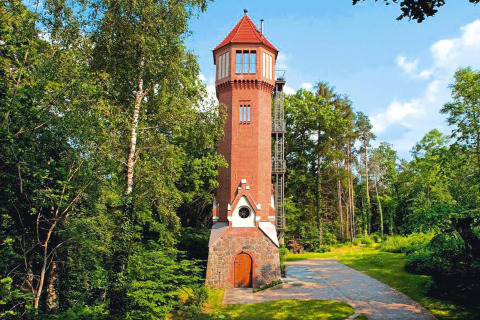 Udsigt til den charmerende Water tower 75 sqm-chalet, omgivet af frodige grønne træer under blå himmel.