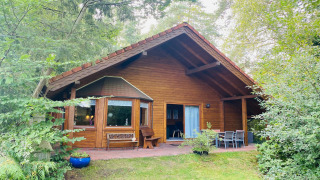 Holiday home Svenja Wiefelstede-Lehe, casa de madera con terraza y muebles rodeada de naturaleza.