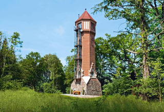 Charming chalet named 'Water tower 75 sqm,' tower-shaped and surrounded by trees in Germany.