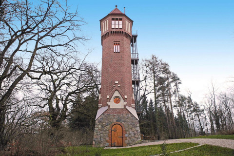 Photo of the 'Water tower 75 sqm' chalet in Germany, a unique brick tower surrounded by trees.