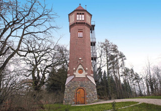 Foto van het ‘Water tower 75 sqm’ chalet in Duitsland, een opvallende toren in een bosrijke omgeving.