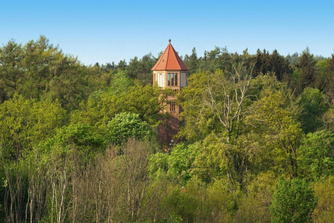 Photo of the Water tower 75 sqm chalet in Germany, surrounded by lush green forest and clear blue sky.