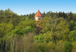 Photo of the Water tower 75 sqm chalet in Germany, surrounded by lush green forest and clear blue sky.