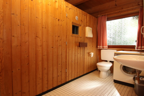 Badeværelse med træpaneler, toilet, vaskemaskine, håndvask og stort vindue i Holiday home Svenja.