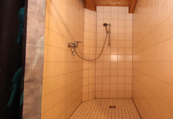 Ducha con azulejos claros y ducha de mano en la casa de vacaciones Svenja Wiefelstede-Lehe, Alemania.