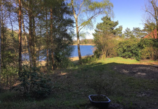 View from Holiday home «Svenja Wiefelstede-Lehe» in Germany, showing a lake and trees on a sunny day.
