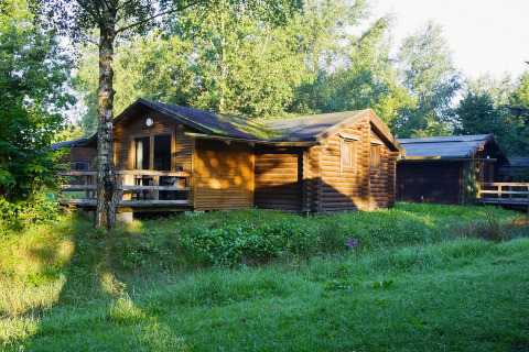 Type C House 363 364 361 362 lodge, wooden cabin surrounded by lush greenery and morning sunlight.