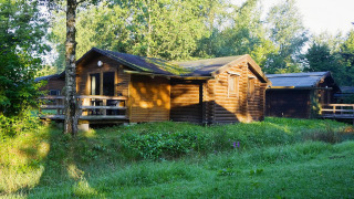 Type C House 363 364 361 362, houten lodge te midden van groene natuur en ochtendzonlicht.