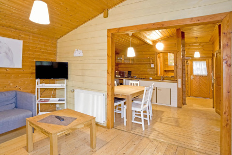 Wooden interior of Type C House 363 364 361 362 lodge in Germany with kitchen, dining table, and sofa.