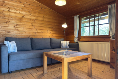 Knusse houten lodge met grijze bank, salontafel en raam in Type C House 363 364 361 362, Duitsland.