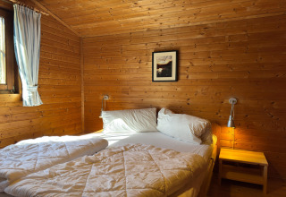 Cozy wooden bedroom at 'Type C House 363 364 361 362' in Germany with double bed, window, and bedside lamp.