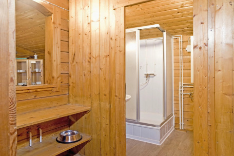 Interior photo of a wood-paneled bathroom at the lodge 'Type C House 363 364 361 362' in Germany.