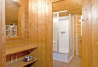 Interior photo of a wood-paneled bathroom at the lodge 'Type C House 363 364 361 362' in Germany.
