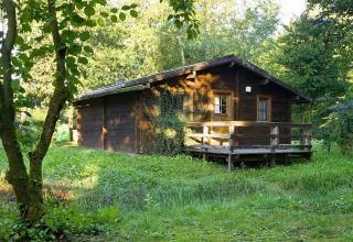 Houten lodge 'Type C House 363 364 361 362', omgeven door gras en bomen, zonnig gelegen in Duitsland.