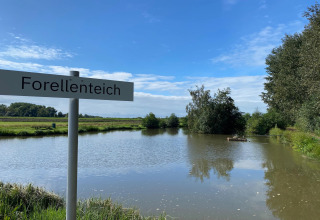 Bord met 'Forellenteich' naast een vijver met groen landschap en blauwe lucht in Duitsland.