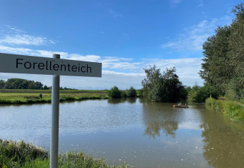 Cartello con scritto 'Forellenteich' vicino a uno stagno circondato dal verde e cielo azzurro in Germania.