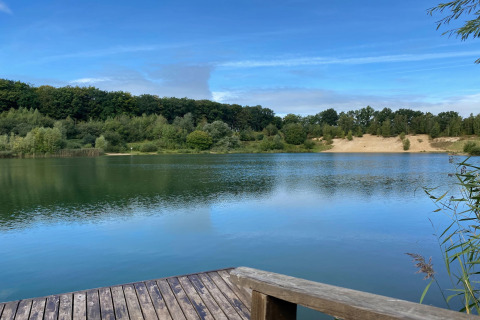 Zicht vanaf een houten terras op een stille vijver nabij Type C House 363 364 361 362 in Duitsland.