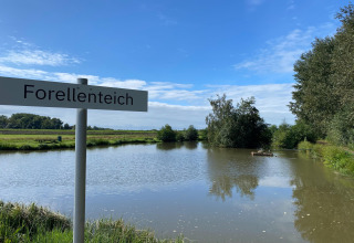 Sign reading 'Forellenteich' by a trout pond with trees, grass, and blue sky at a lodge in Germany.
