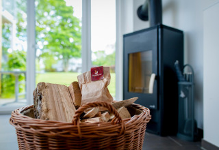 Kurve med brænde og papir foran en moderne brændeovn i en lys stue på Ostseeresort Dampland-Terrace house HiPr.