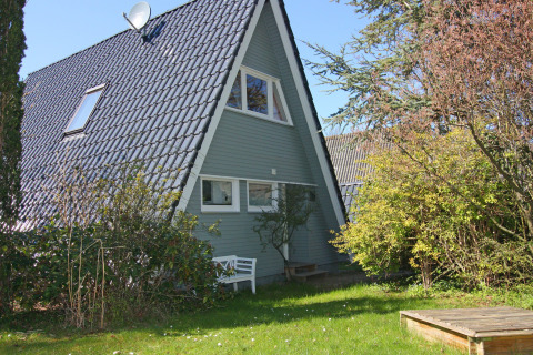 A-hus med sort tag, grønne vægge og vinduer, omgivet af træer og buske ved Holiday home «Damp 90 sqm 5 Persons» i Tyskland.