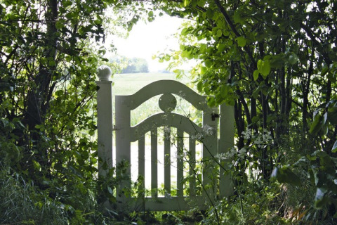 Portail de jardin blanc entouré de verdure au Holiday home Damp 90 sqm 5 Persons en Allemagne.