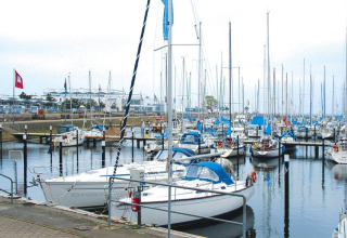 Vista del puerto deportivo con veleros junto a la casa de vacaciones 'Damp 90 sqm 5 Persons' en Alemania.