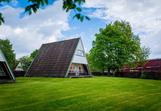 A photo of a modern A-frame lodge on a green lawn, surrounded by trees and under a partly cloudy sky.