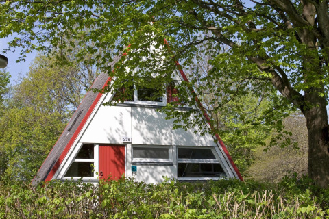 Een foto van een A-vormige lodge omringd door groene bomen en struiken, genomen op een zonnige lentedag.