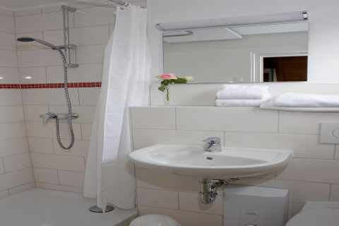 Modern lodge bathroom featuring a shower, sink, mirror, stacked towels, and a single rose in a vase.