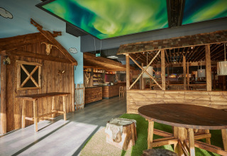 Modern lodge interior with rustic wooden furniture, bar area, and a ceiling featuring northern lights design.