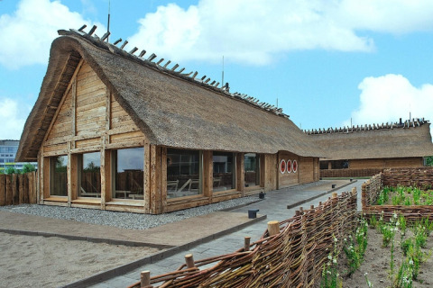 Casa tradicional de techo de paja con grandes ventanas y cerca tejida, Blockhouse ‘HiPr 4 Pers’ en Alemania.