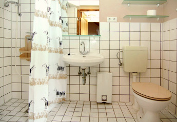 Bagno piastrellato con doccia, tenda con zebra, lavandino, WC e mensole in vetro con rotolo.
