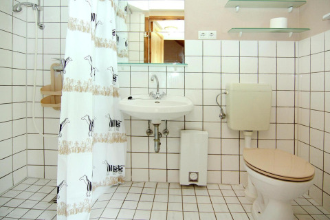 Baño con azulejos blancos, ducha, cortina de cebras, lavabo, inodoro y estantes de vidrio.
