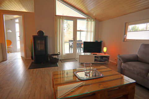 Stue i feriehus i Hünning, Tyskland med brændeovn, moderne sofa, glasbord og tv-område.