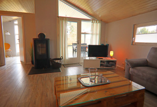 Woonkamer in vakantiehuis in Hünning, Duitsland met kachel, glazen salontafel en tv-hoek.