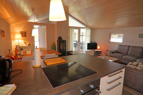 Soggiorno e cucina accoglienti in una casa vacanze a Hünning, Germania, con arredi moderni.