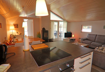 Salon et cuisine confortables dans une maison de vacances à Hünning, Allemagne, avec mobilier moderne.