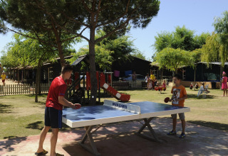 Deux personnes jouent au tennis de table en plein air au Camping del Mar MOBILE HOME 6P en Espagne, près des arbres.