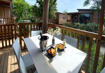 Terraza exterior en Els Pins - Mobile-Home Plus 2, España, con mesa, bebidas, aperitivos y flores.