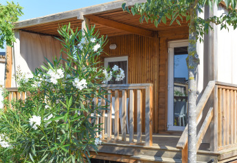 Mobil home 'Els Pins- Mobile-Home Plus 2' en España con porche de madera y arbusto de flores blancas delante.