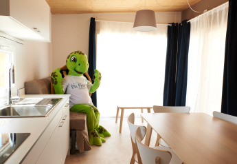 Un gran disfraz de tortuga está sentado en el salón del Els Pins- Mobile-Home Plus 2 en España.