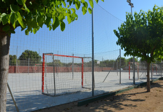 Outdoor sports field at a glamping site, surrounded by trees and netted fencing under a clear sky.