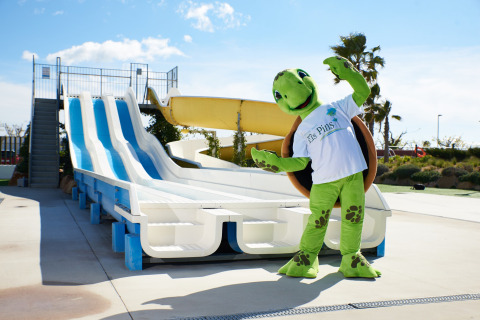 A person in a turtle costume poses by water slides at a glamping accommodation on a sunny day.