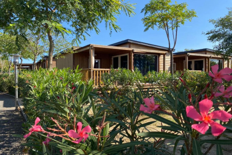 Mobilhjemmet Els Pins- Mobile-Home Plus 3 i Spanien, omgivet af træer og blomstrende buske om sommeren