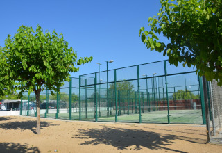 Outdoor padel court surrounded by green trees and blue sky at Els Pins- Bungalow Comfort in Spain.