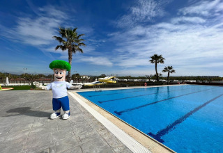 Mascot by the pool at Els Pins- Bungalow Comfort, Spain, on a sunny day with palm trees and blue sky.