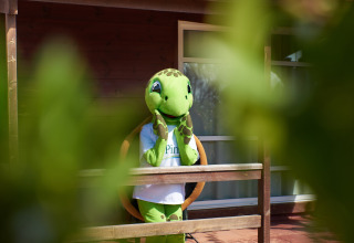 A person in a green turtle costume stands behind a wooden fence at Els Pins- Bungalow Comfort in Spain.