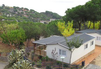 Casa móvil en Camping Rocagrossa para 6 personas, rodeada de naturaleza y árboles en un entorno tranquilo.