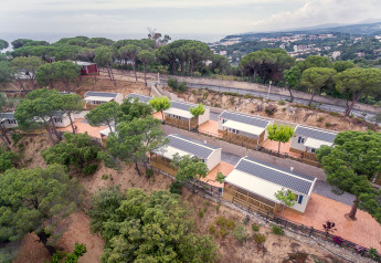 Vista aerea delle case mobili Camping Rocagrossa per 6 persone, circondate da alberi in Spagna.